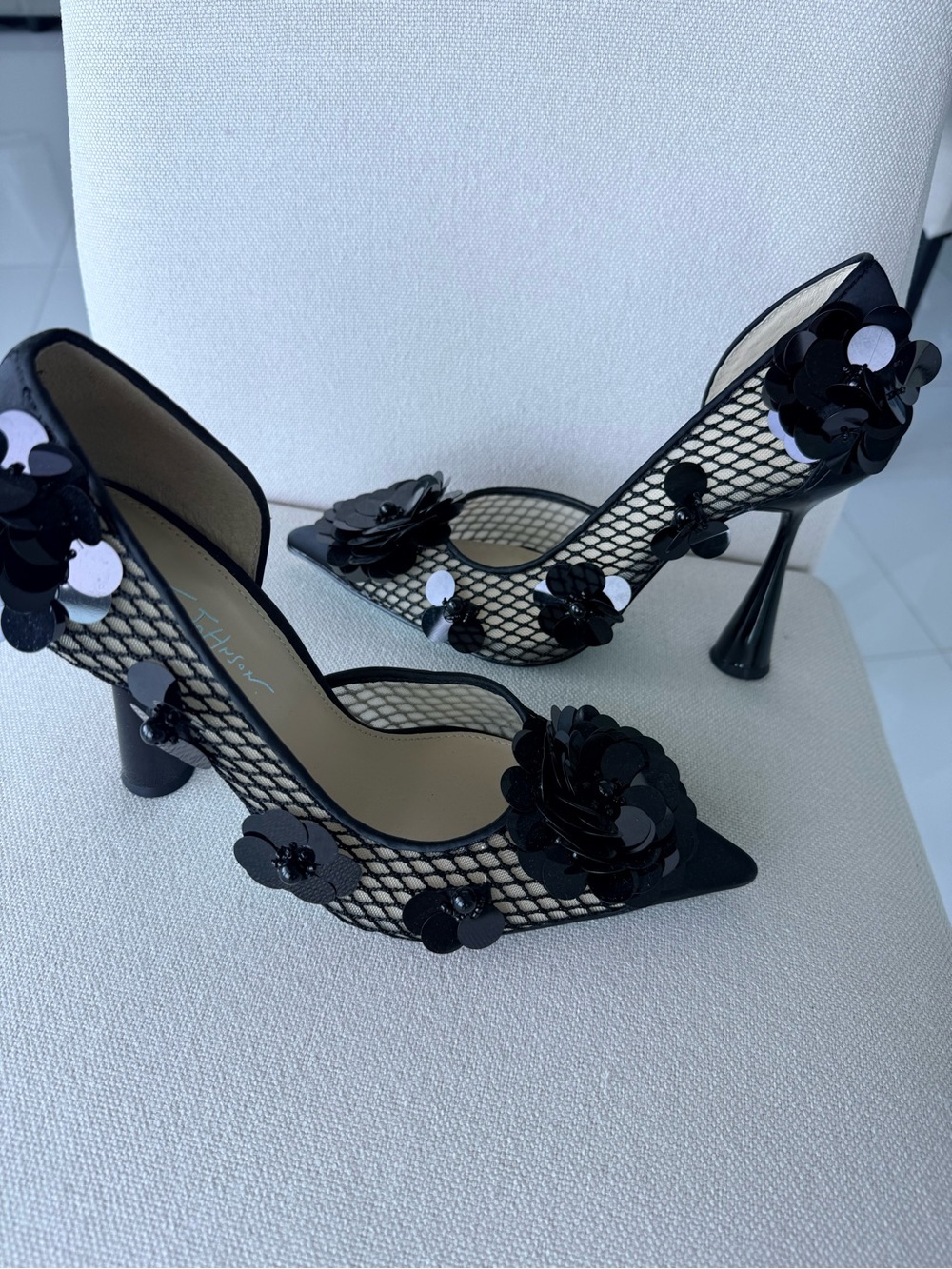 Betsey Johnson Black Floral Sequin Pointed Toe Pumps with Mesh Sides - Picture 3 of 7